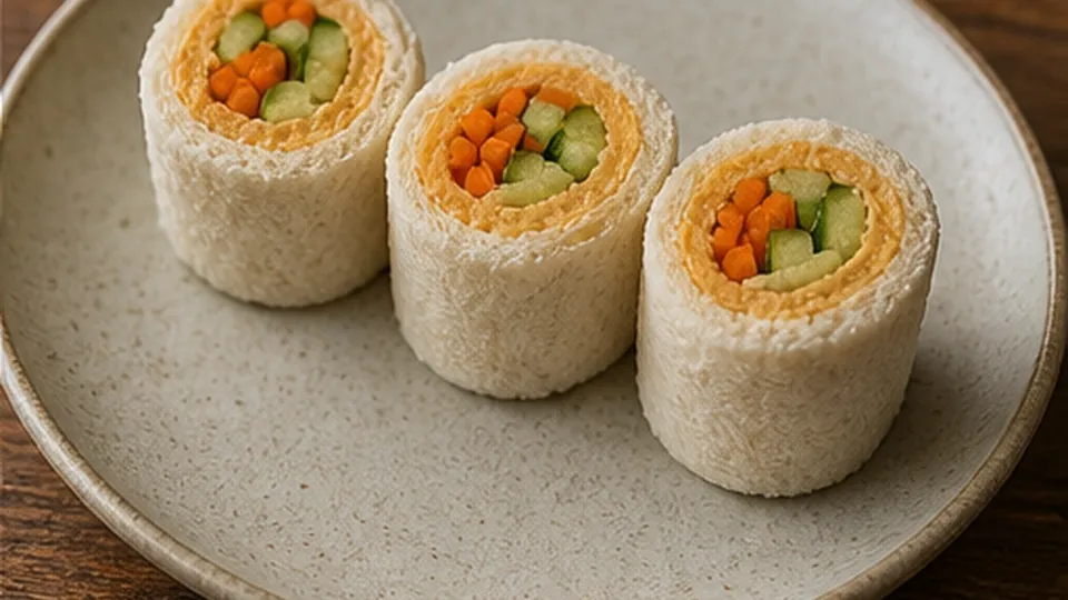 Slice into neat pieces for Carrot Hummus Sushi Sandwich Rolls