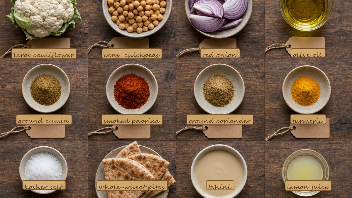 All ingredients for Cauliflower Chickpea Shawarma Tray, labeled