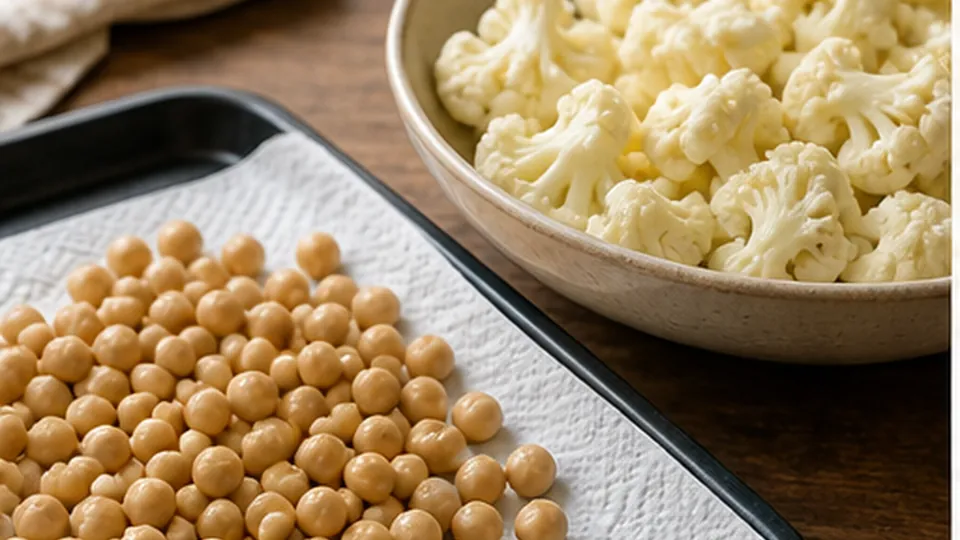 Heat the oven and pans for Cauliflower Chickpea Shawarma Tray