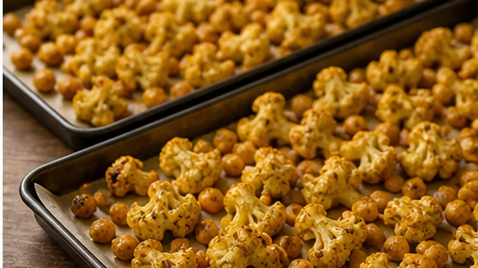 Coat and spread the vegetables for Cauliflower Chickpea Shawarma Tray