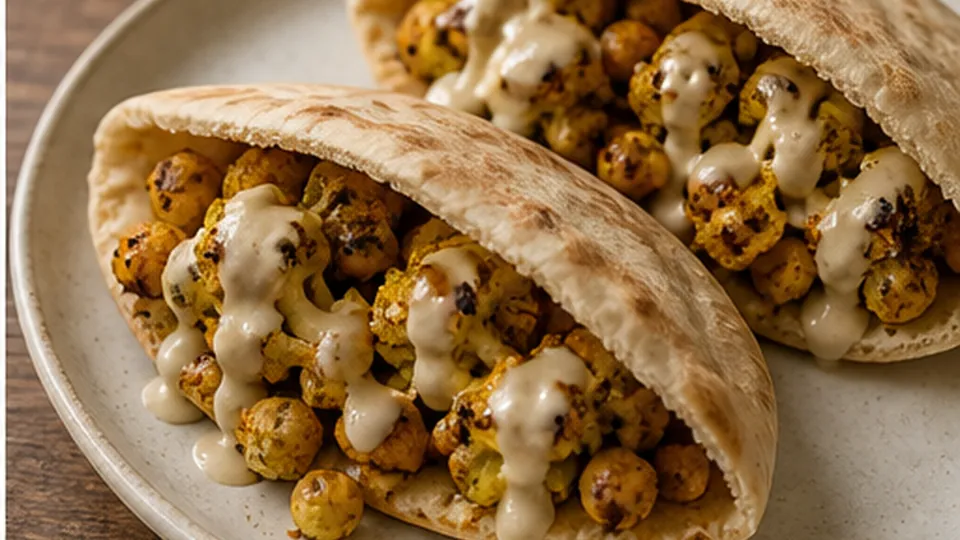 Warm pitas and assemble for Cauliflower Chickpea Shawarma Tray