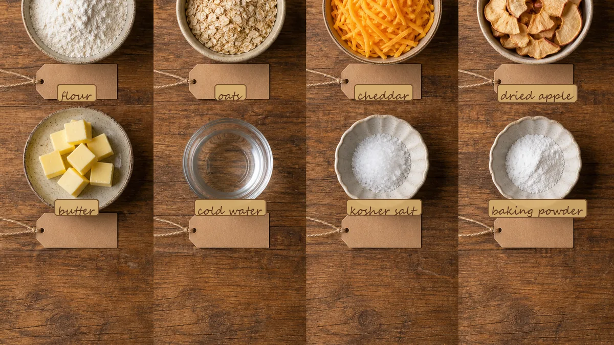 All ingredients for Cheddar Apple Oat Crackers, labeled