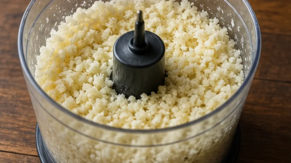 Rice the cauliflower for Cheesy Cauliflower Rice Bake