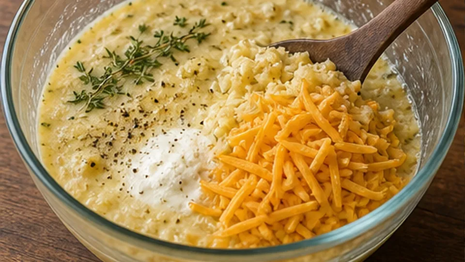 Whisk the egg-yogurt binder for Cheesy Cauliflower Rice Bake