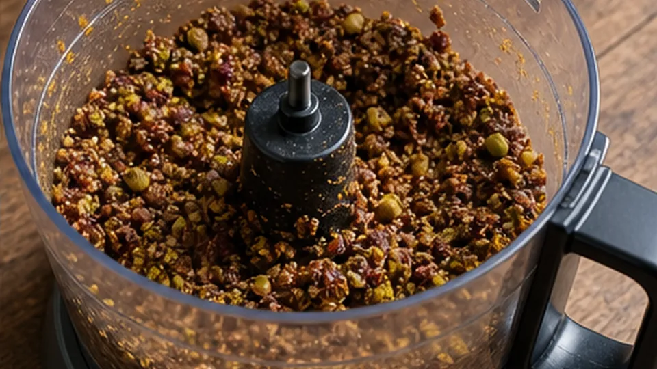 Grind fruit and nuts for Cherry Cocoa Pistachio Bites