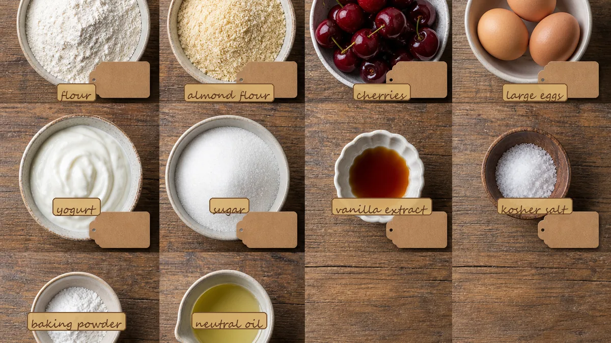 All ingredients for Cherry Vanilla Almond Cake, labeled