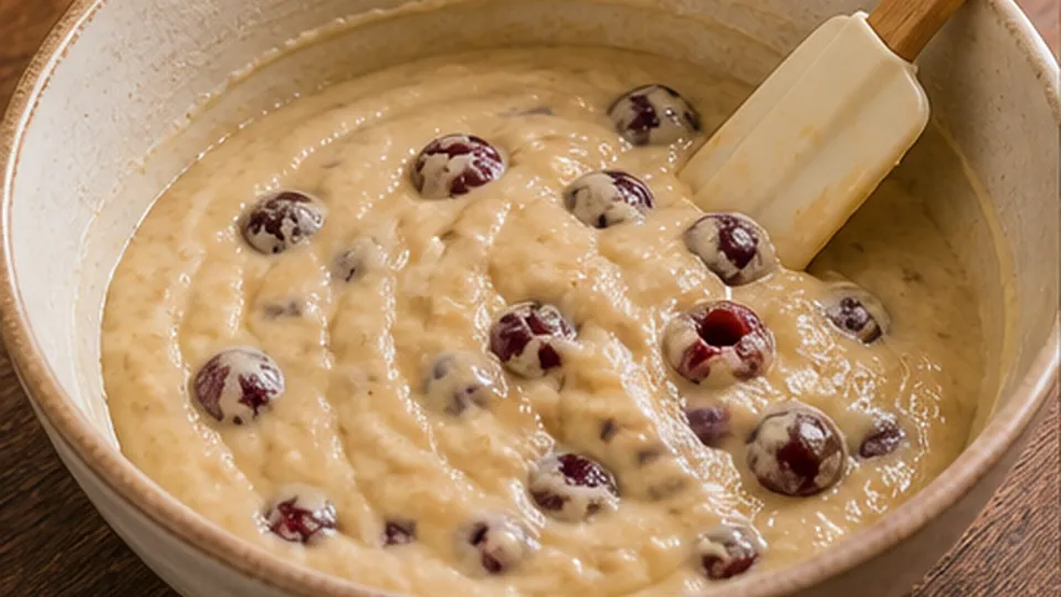 Fold batter and add cherries for Cherry Vanilla Almond Cake