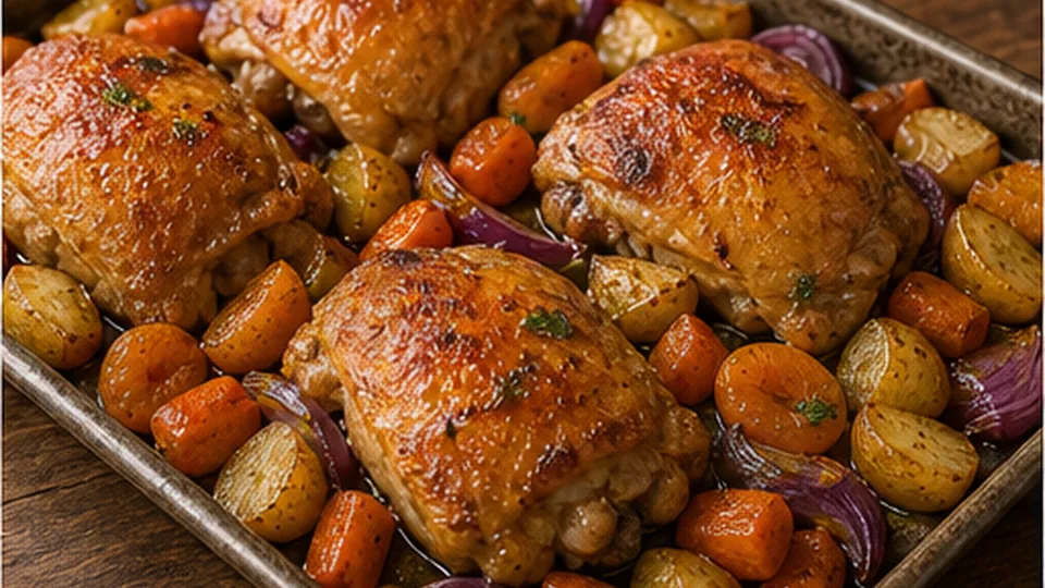 Glaze and roast to temperature for Chicken Apricot Carrot Traybake