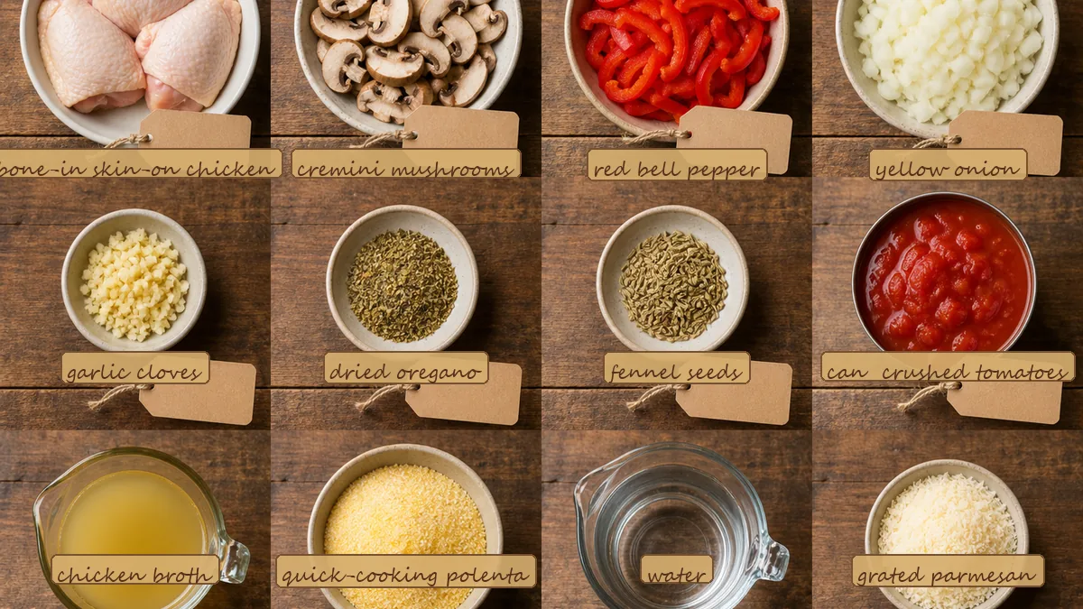 All ingredients for Chicken Cacciatore Polenta, labeled