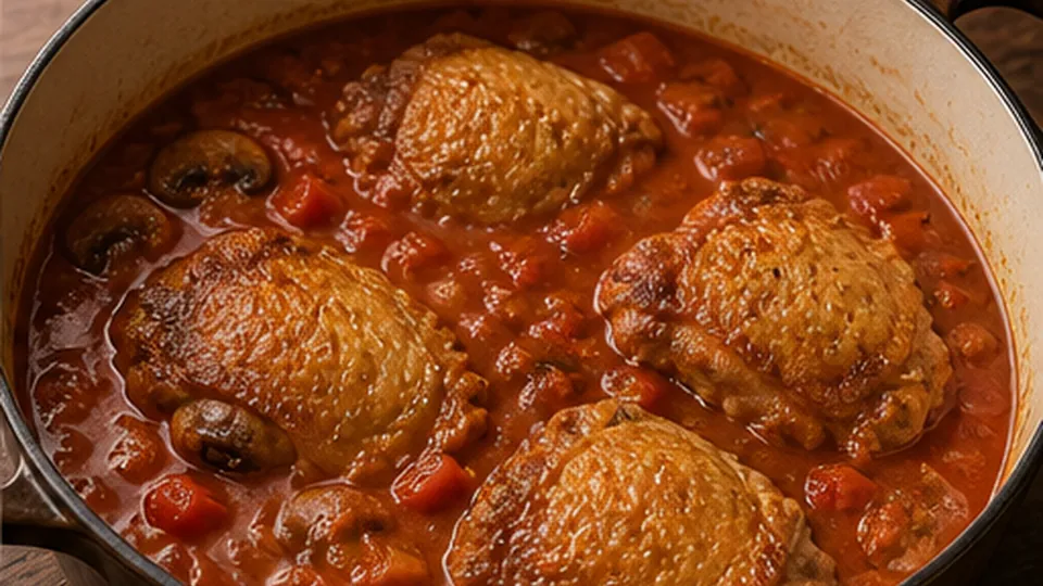 Build the tomato braise for Chicken Cacciatore Polenta