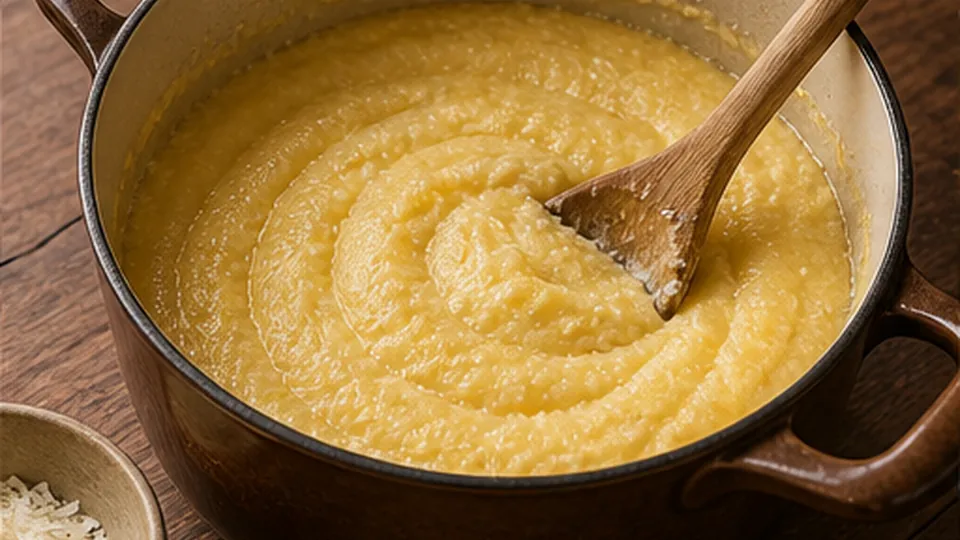 Whisk the creamy polenta for Chicken Cacciatore Polenta