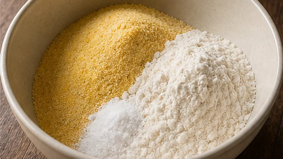 Whisk the dry cornmeal base for Chicken Cornbread Lunchbox Muffins