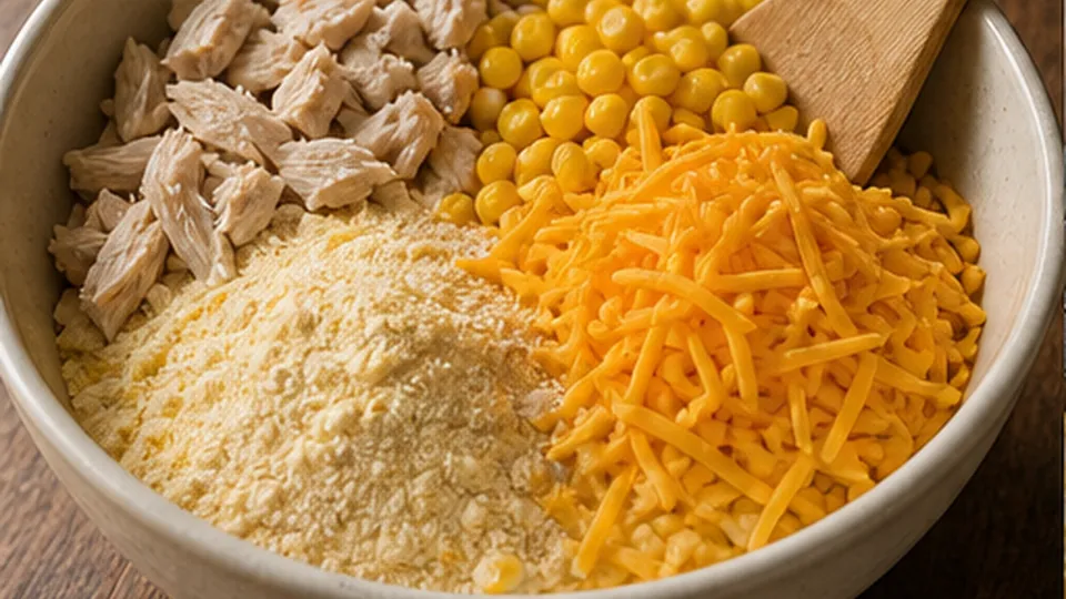 Fold in chicken and corn for Chicken Cornbread Lunchbox Muffins