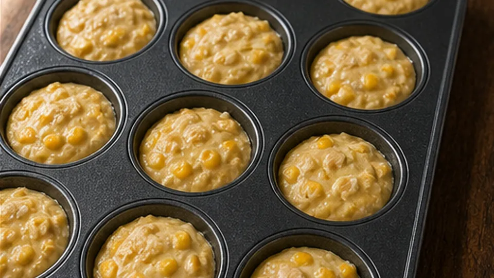 Fill cups and bake for Chicken Cornbread Lunchbox Muffins