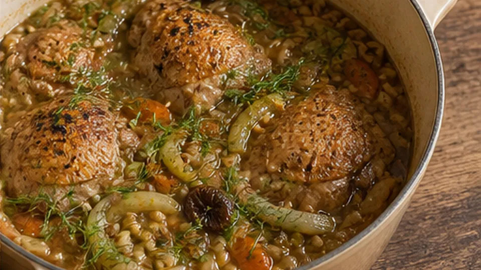 Finish with orange and fronds for Chicken Fig Fennel Farro Pot