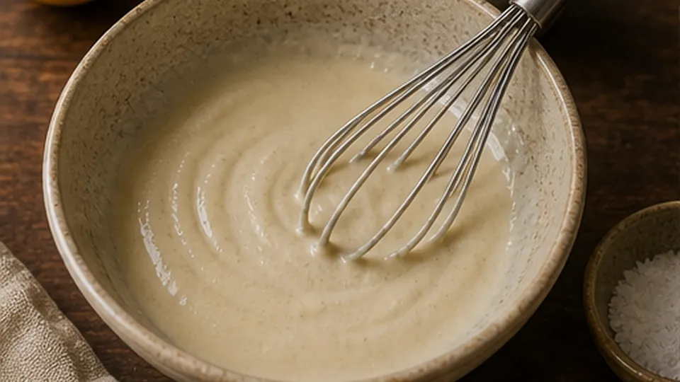 Whisk the lemon-tahini sauce for Chicken Kofta Pita Plates