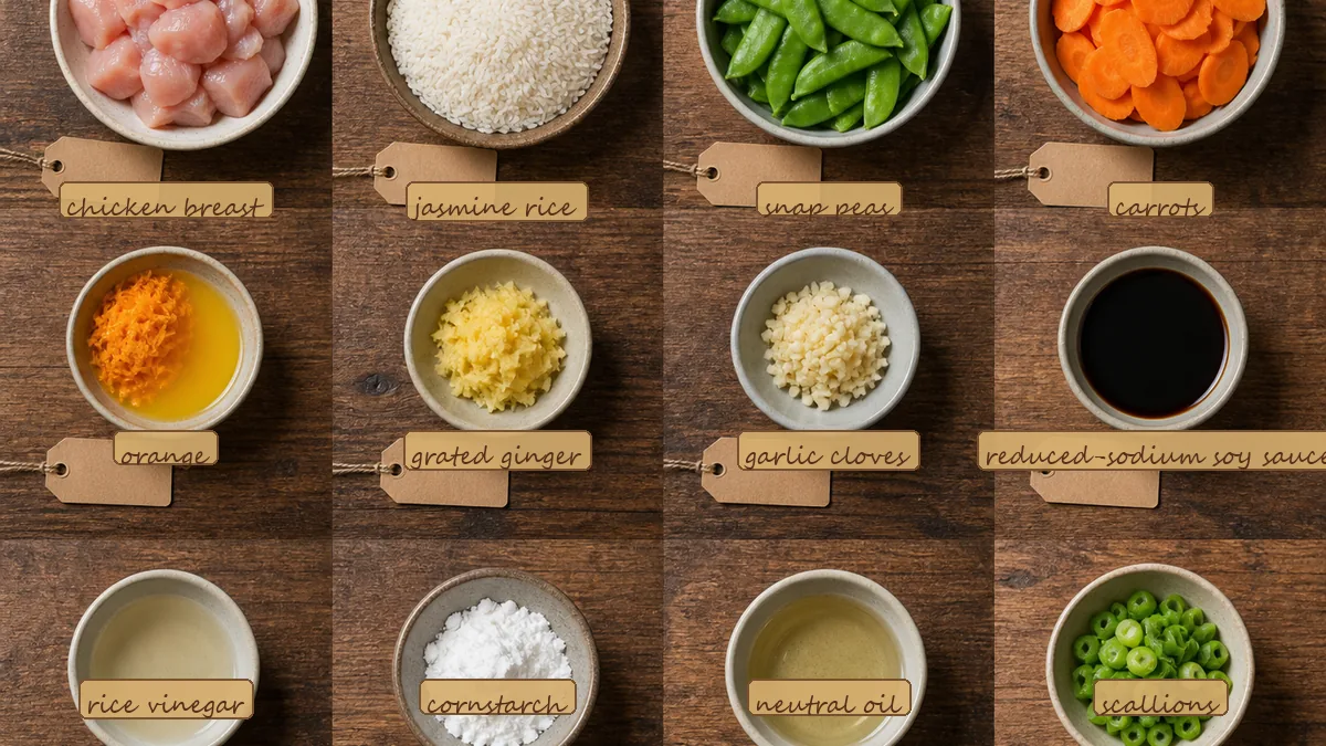 All ingredients for Chicken Orange Sesame Bites, labeled