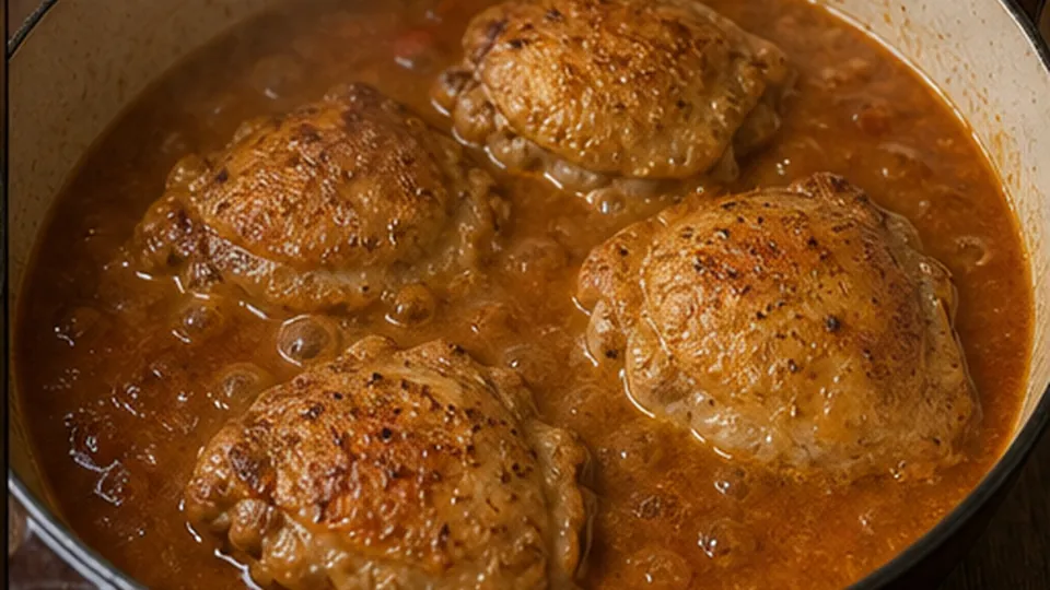 Braise the thighs gently for Chicken Paprikash Noodles