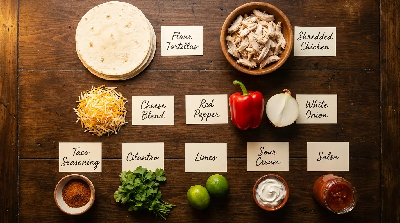 All ingredients for Chicken Quesadilla Night, labeled