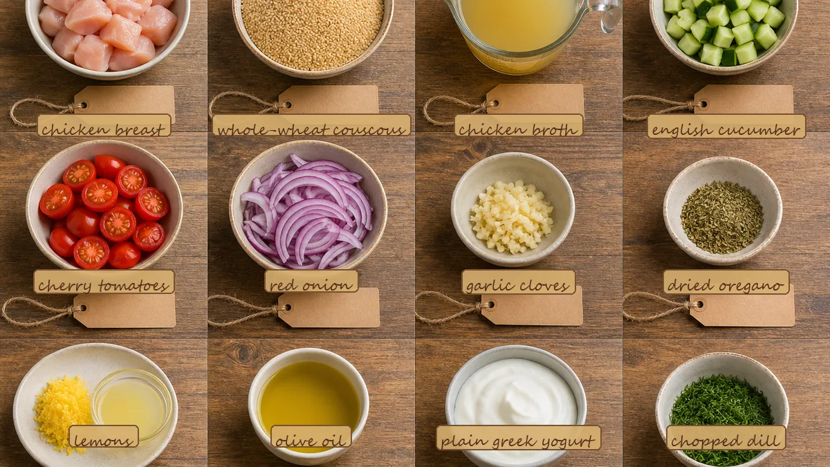 All ingredients for Chicken Souvlaki Couscous, labeled