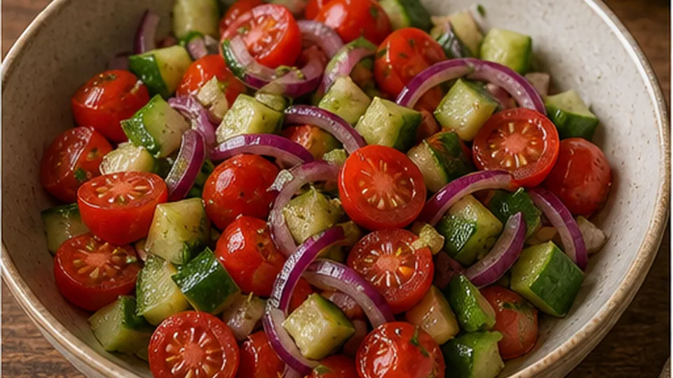 Toss the raw salad for Chicken Souvlaki Couscous