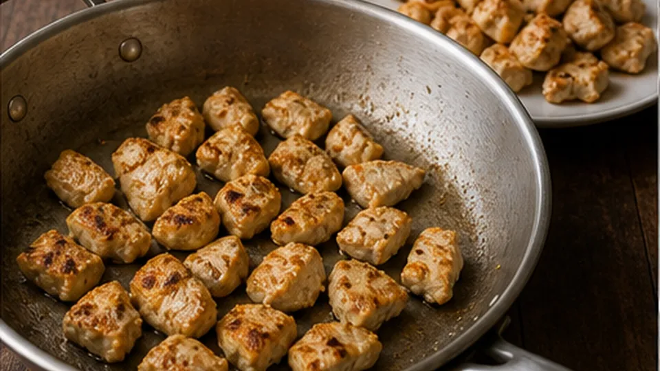 Sear the chicken cubes for Chicken Tikka Cauliflower Rice