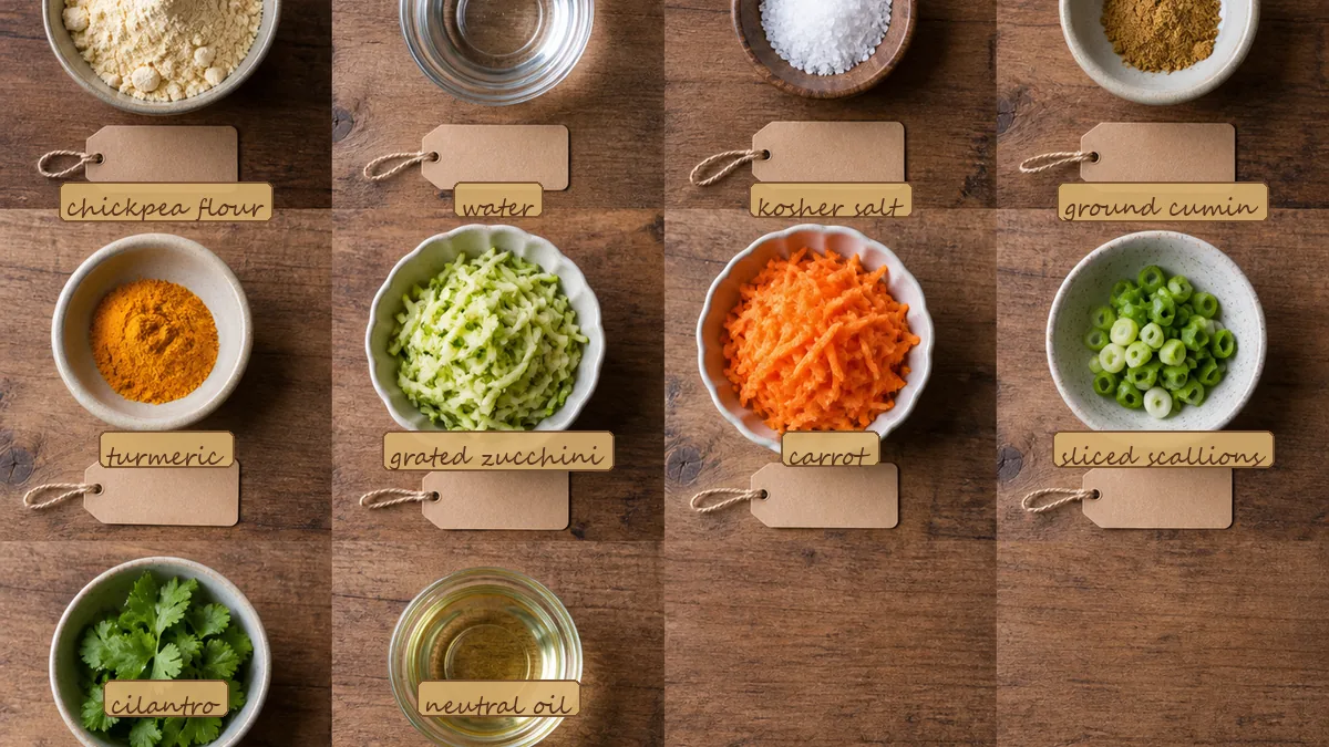 All ingredients for Chickpea Flour Vegetable Pancakes, labeled