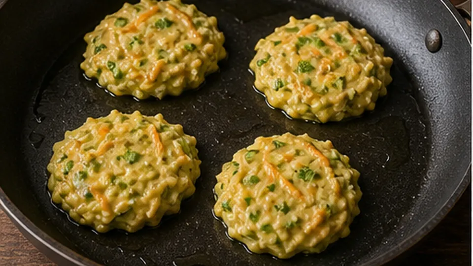 Heat the pan and portion for Chickpea Flour Vegetable Pancakes