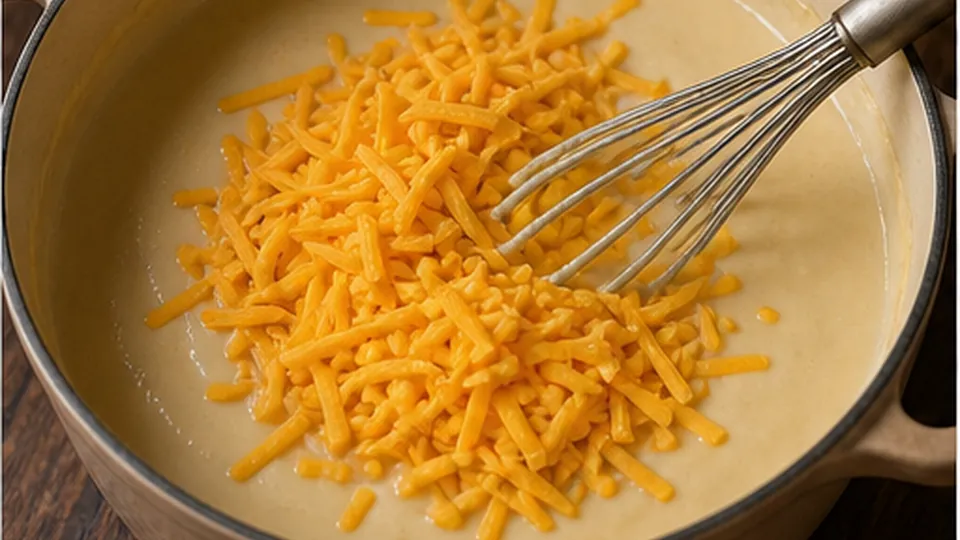 Melt in the cheddar for Chickpea Mac and Cheese