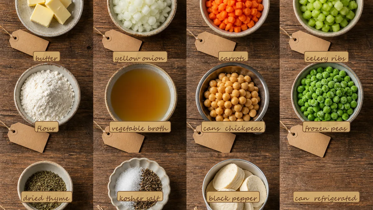 All ingredients for Chickpea Pot Pie with Biscuits, labeled