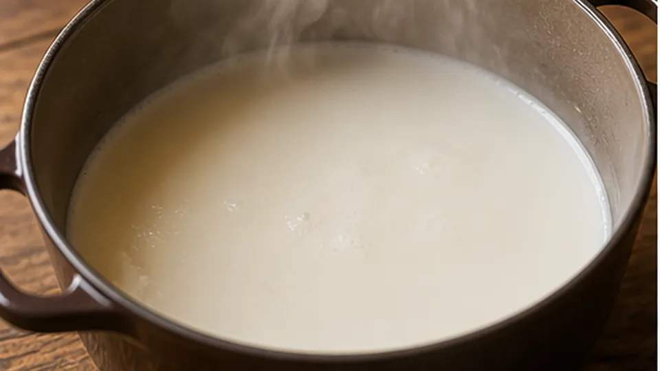 Warm the milk and water for Cinnamon Date Breakfast Risotto