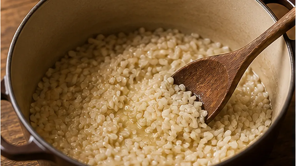 Toast rice in butter for Cinnamon Date Breakfast Risotto