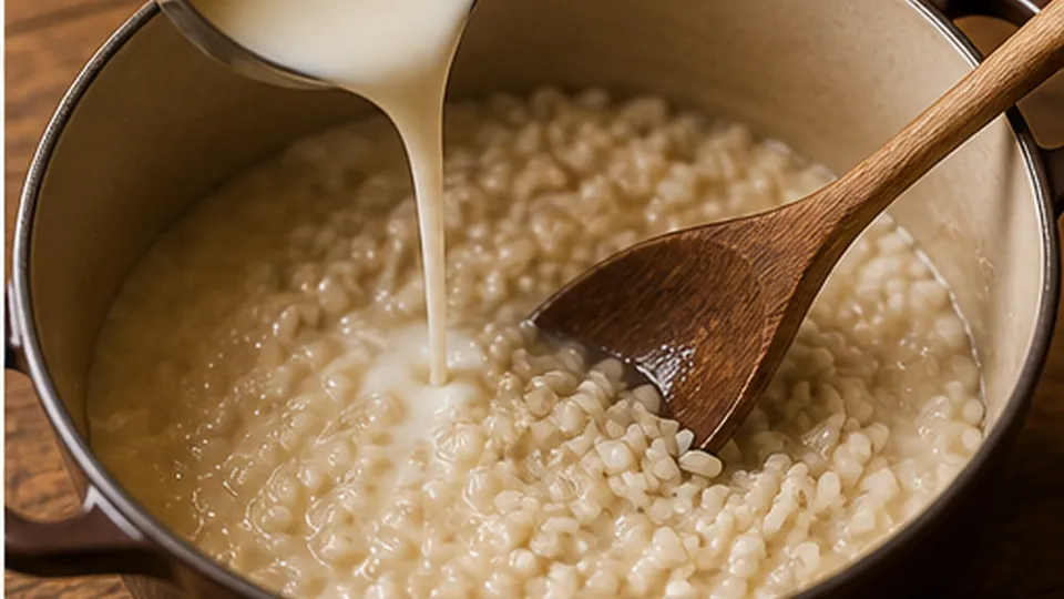 Ladle liquid in stages for Cinnamon Date Breakfast Risotto