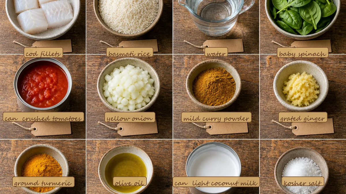 All ingredients for Cod Coconut Curry Bowls, labeled