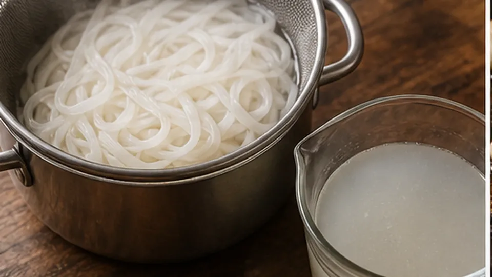 Soften the rice noodles for Cod Ginger Scallion Noodles
