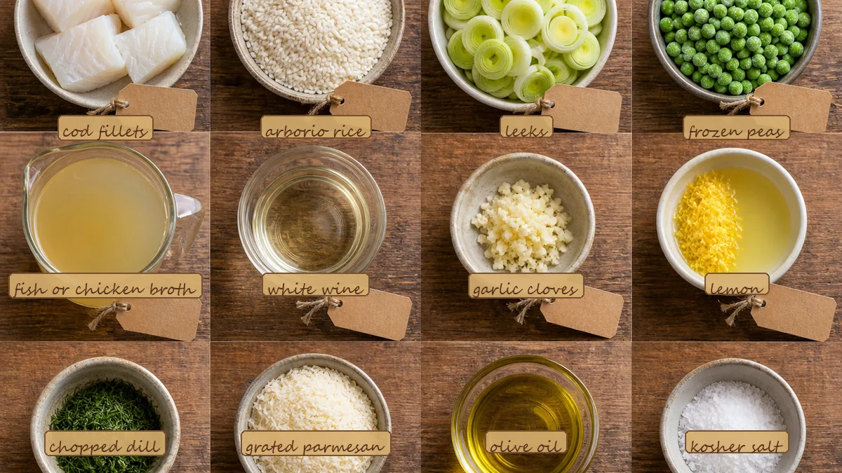All ingredients for Cod Leek Pea Risotto, labeled