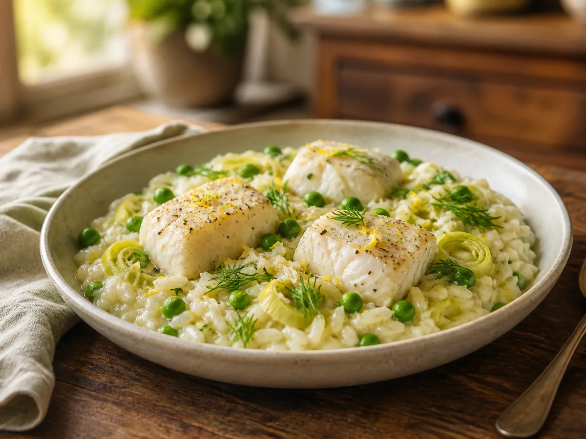Cod Leek Pea Risotto