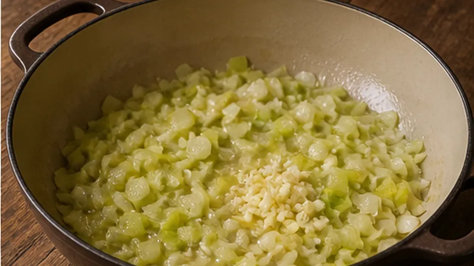 Soften the sliced leeks for Cod Leek Pea Risotto