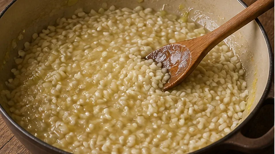 Toast rice and add wine for Cod Leek Pea Risotto