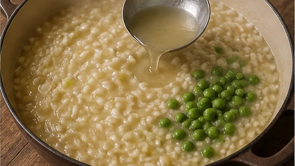 Ladle broth and add peas for Cod Leek Pea Risotto