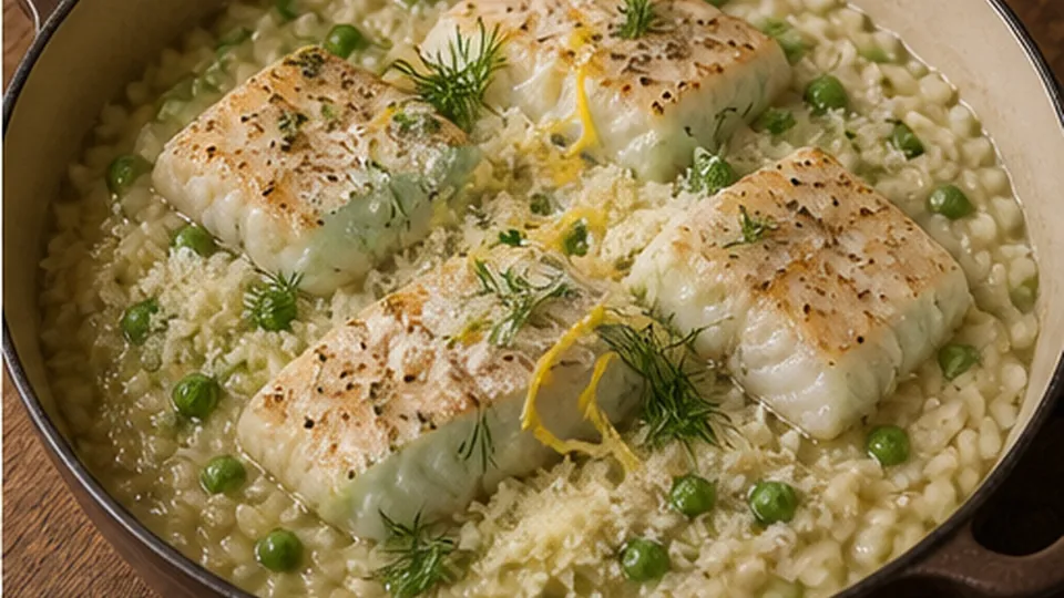 Finish fish with lemon for Cod Leek Pea Risotto