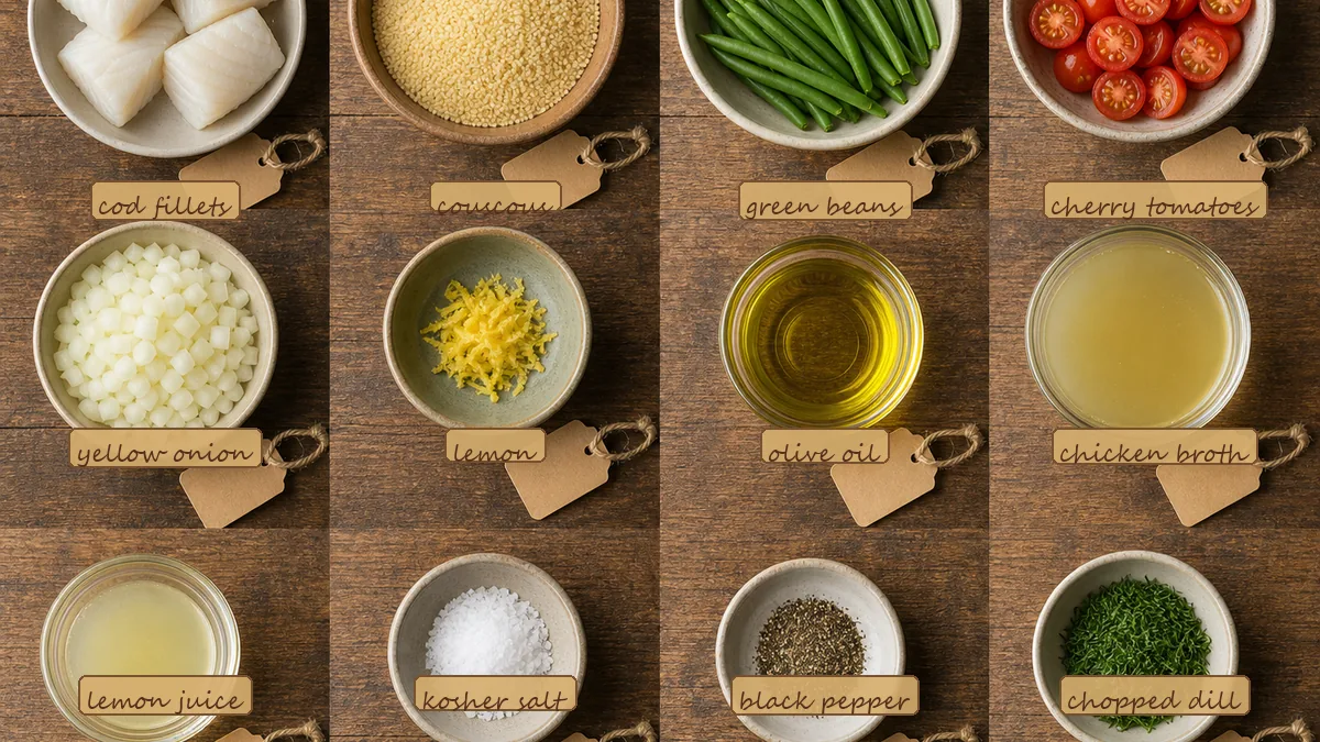 All ingredients for Cod Lemon Herb Couscous, labeled