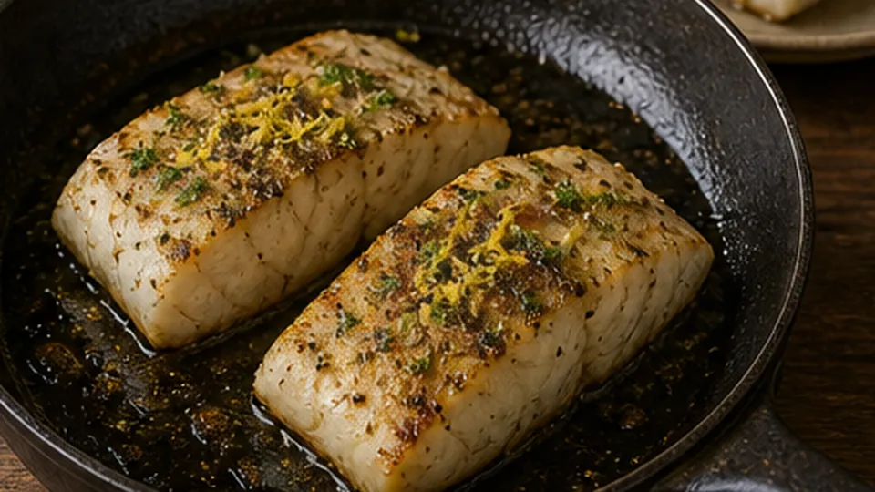 Season and sear the cod for Cod Lemon Herb Couscous