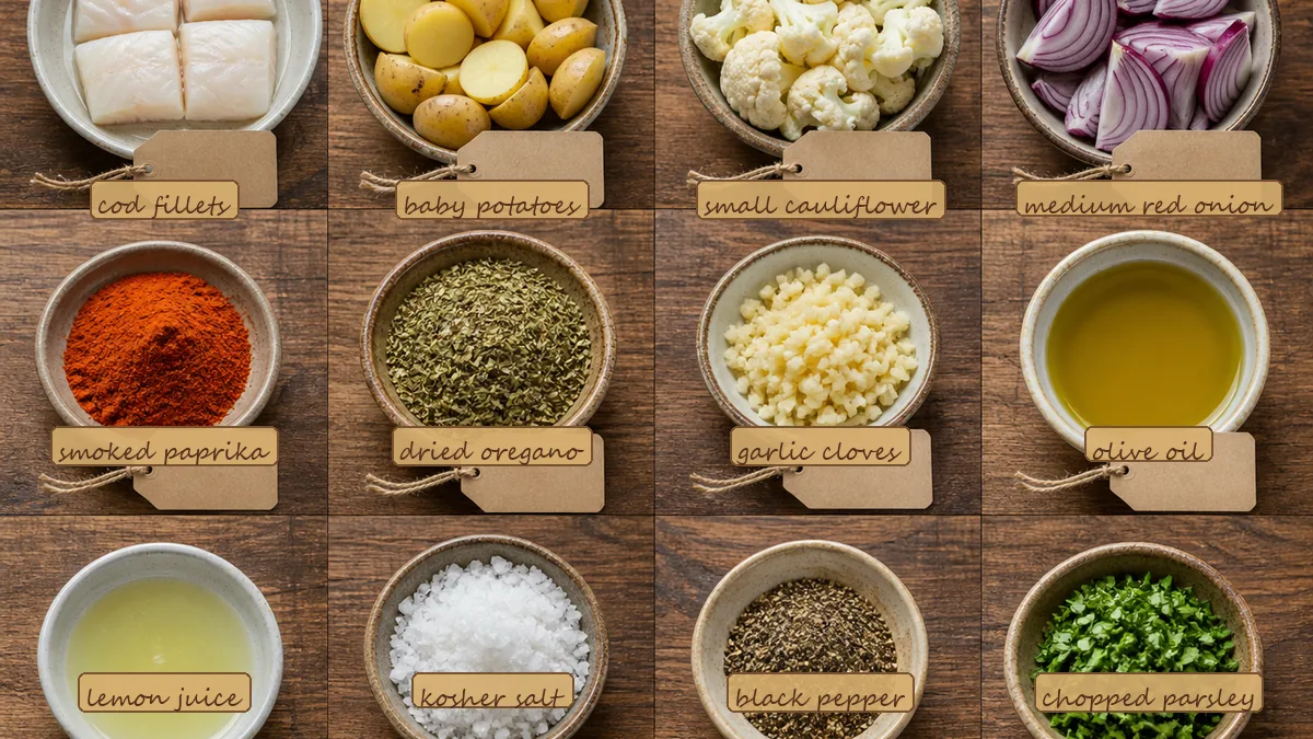 All ingredients for Cod Paprika Potato Traybake, labeled
