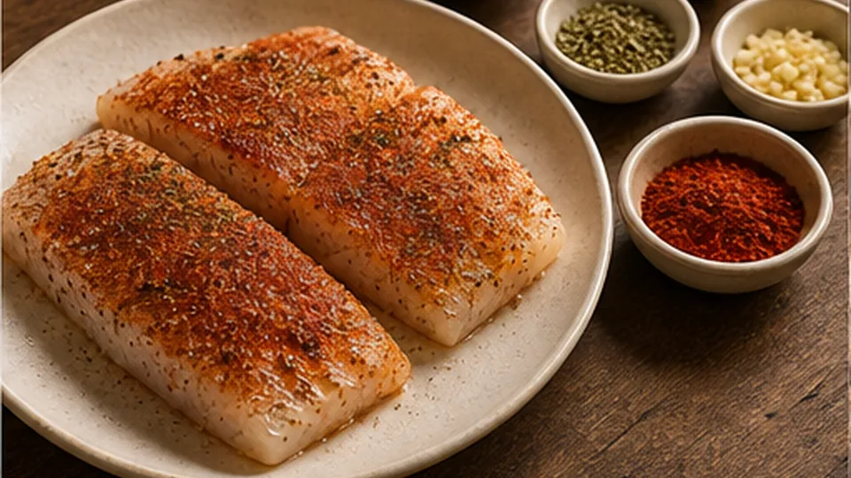 Season the cod fillets for Cod Paprika Potato Traybake