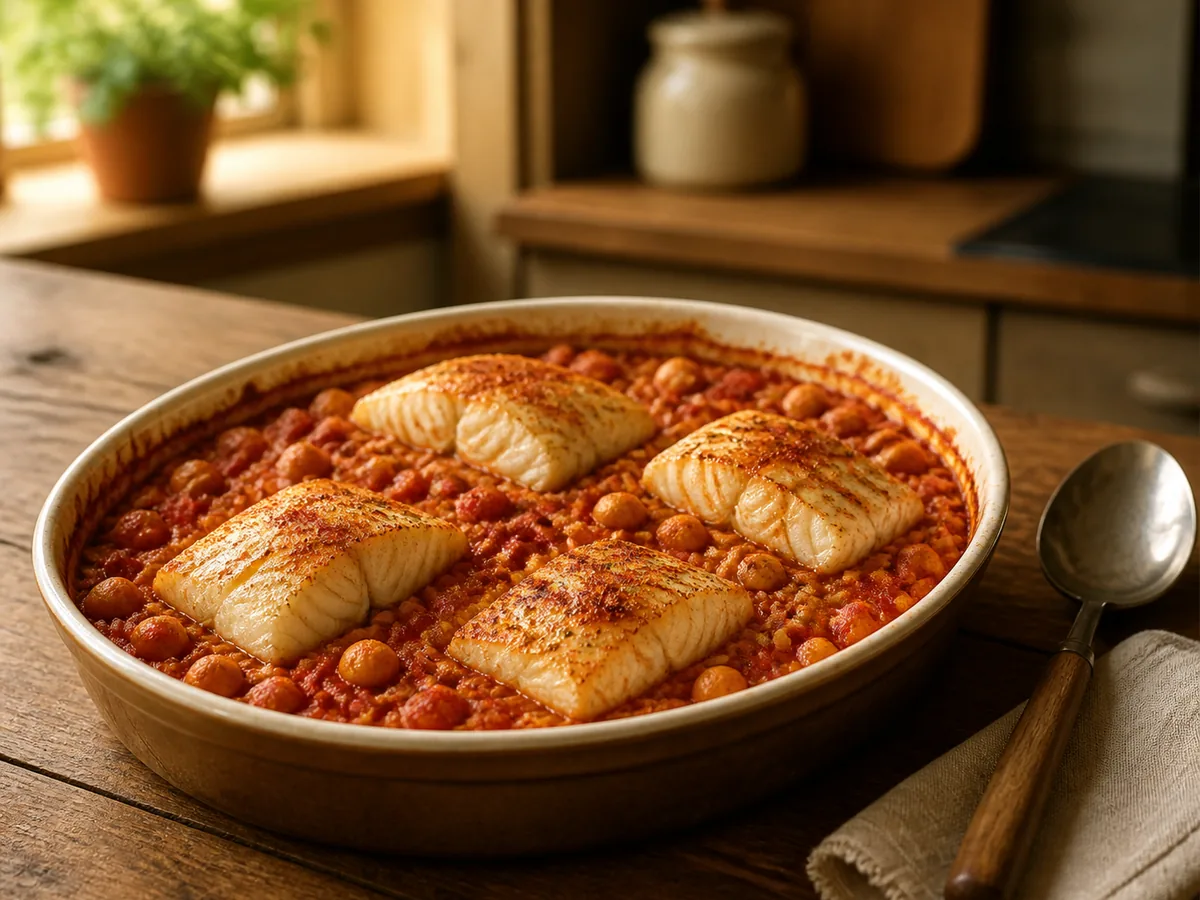 Cod Tomato Chickpea Bake