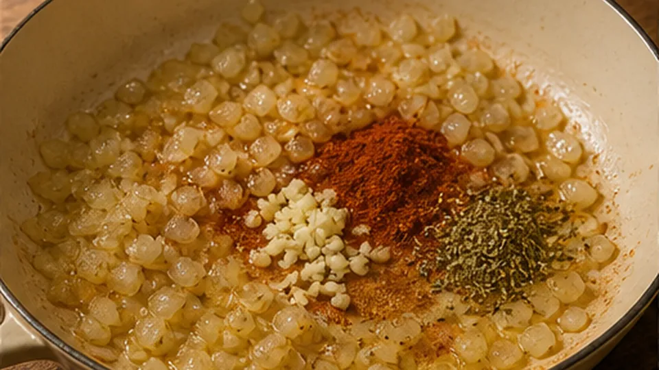 Cook onion with spices for Cod Tomato Chickpea Bake