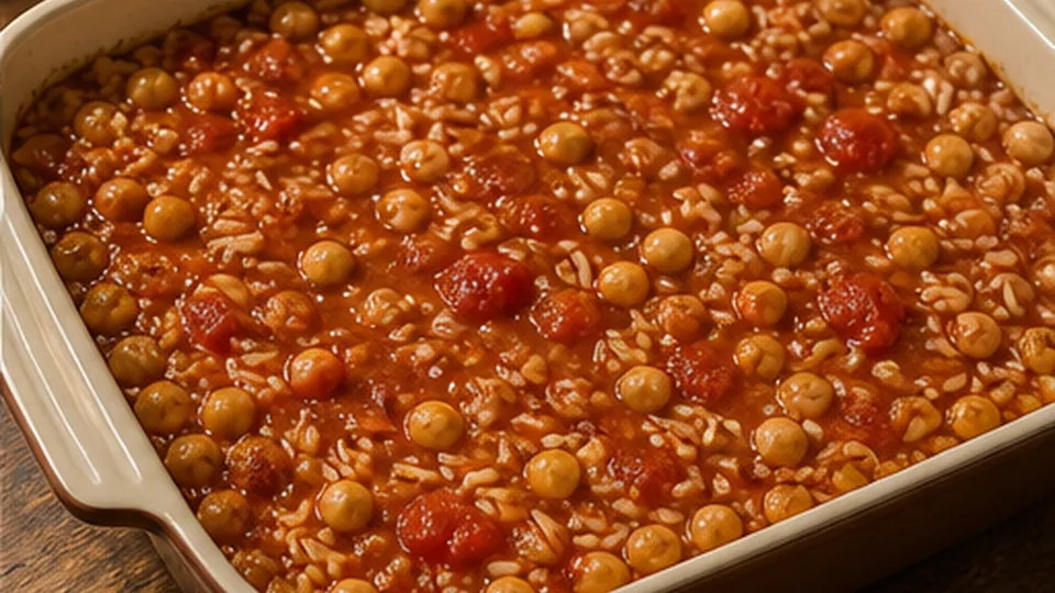 Combine and bake the rice for Cod Tomato Chickpea Bake