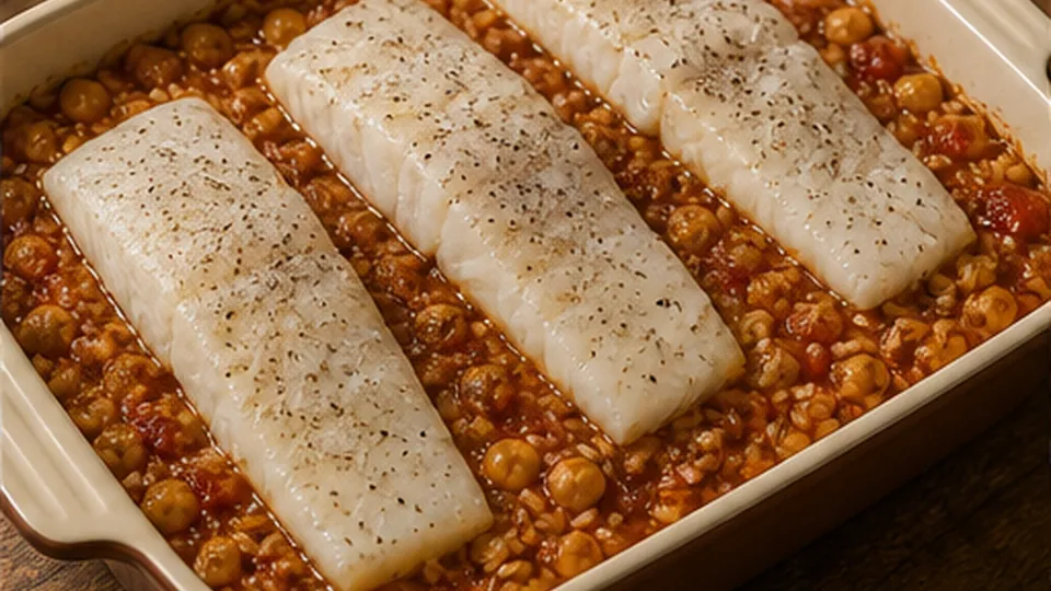 Add cod, finish baking for Cod Tomato Chickpea Bake