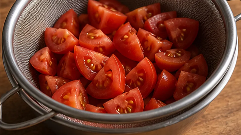 Drain the cut tomatoes for Fresh Corn Avocado Salsa